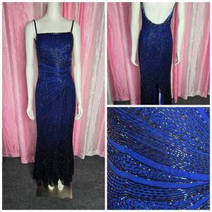 Mia Bella Exquisite Pure Silk Blue Heavy Beaded Cocktail Maxi Gown Size Small